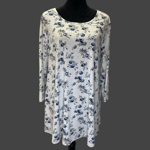 Veranee Tunic Top Floral Boho Swing A-Line Blue White Women's 2XL Cottage Chic